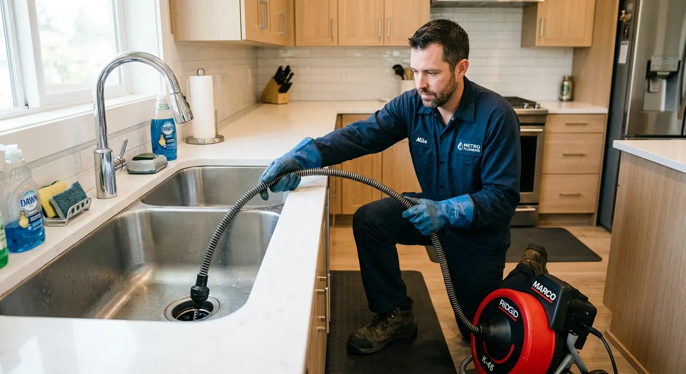 Drain cleaning technician using a motorized snake on a kitchen sink in Abington