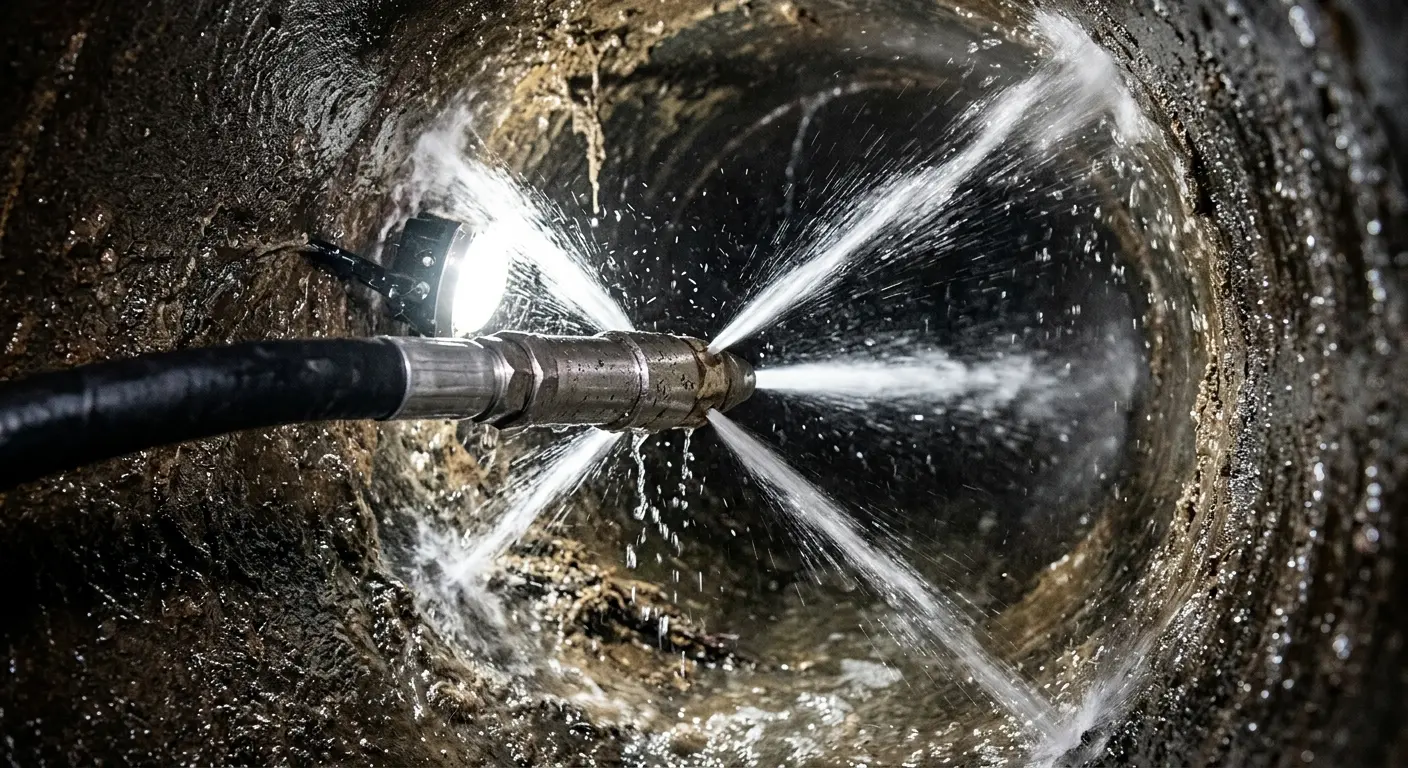 High-pressure hydro jetting nozzle cleaning sewer pipe for Sewer Line Relining in Abington