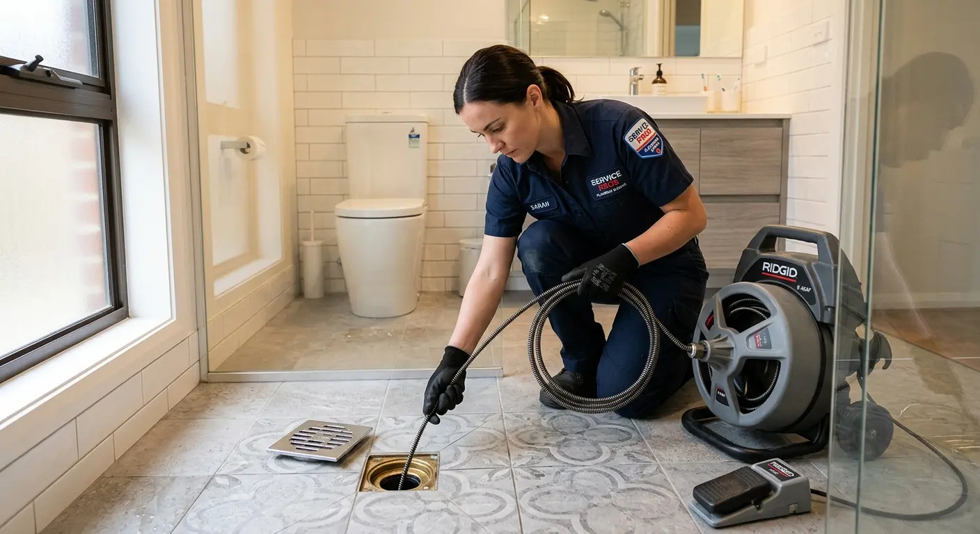 Technician clearing a bathroom floor drain for Drain Cleaning in Abington
